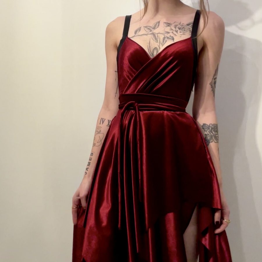 Rosy Red Stretch Velvet Party Dress