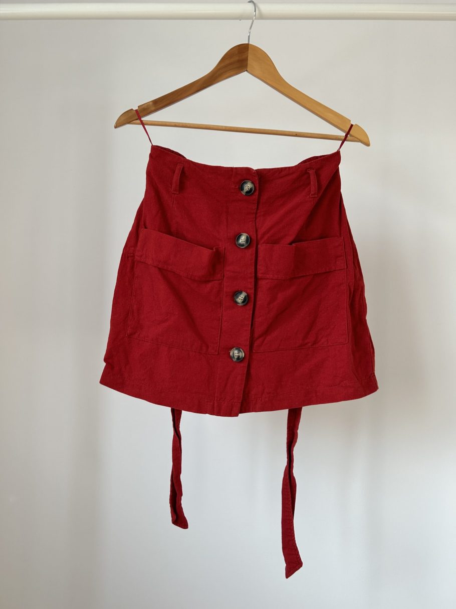 Red Button Down Linen Skirt with Tie M - Image 3