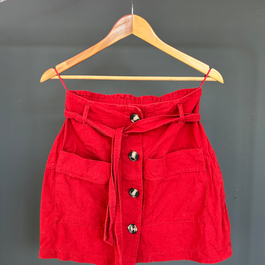 Red Button Down Linen Skirt with Tie M