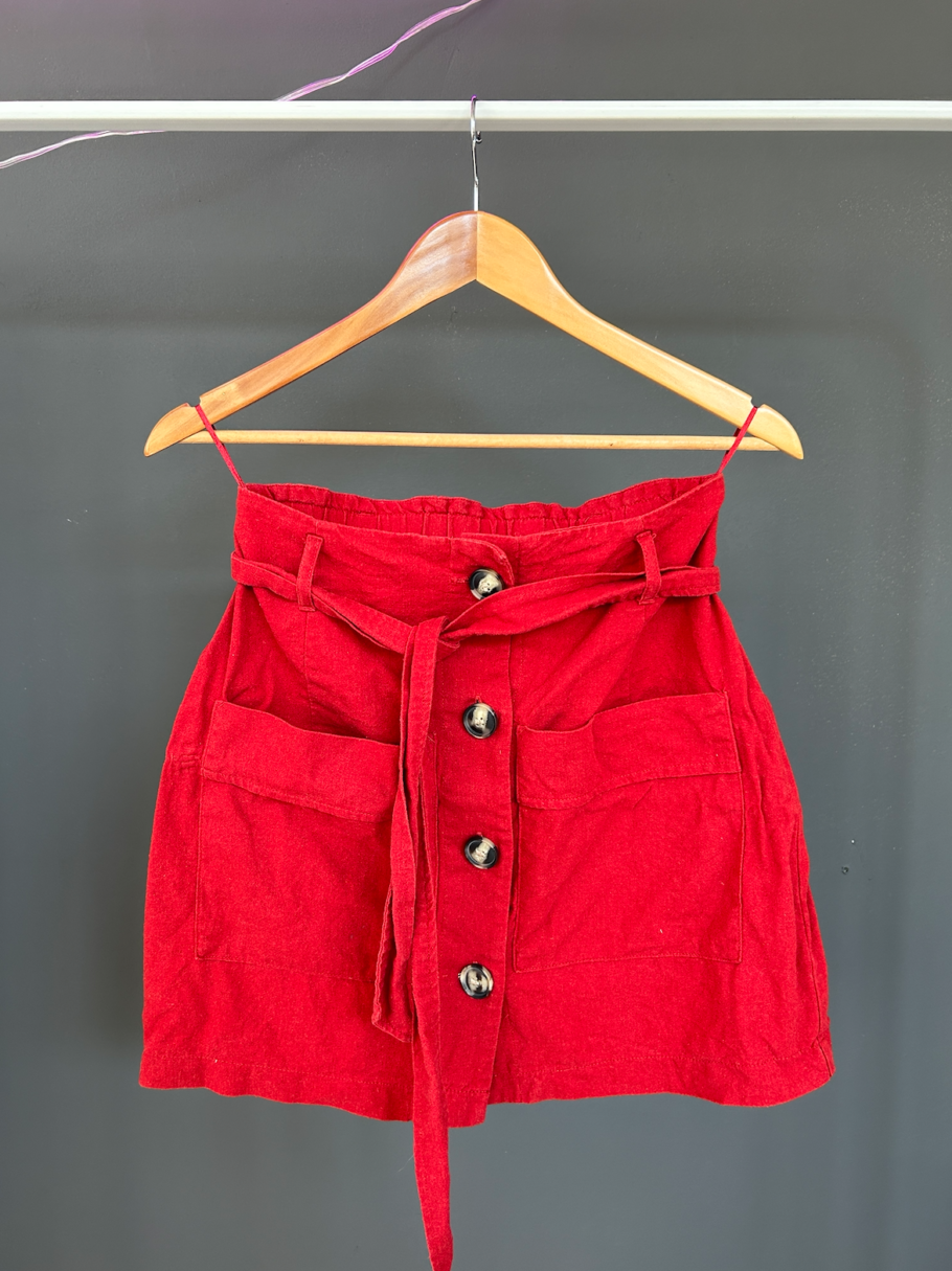 Red Button Down Linen Skirt with Tie M