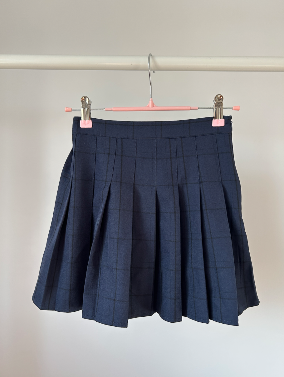 Navy Blue Check Printed Pleated Skort XXS