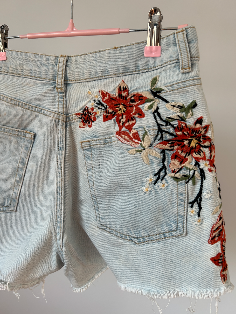 Rose Embroidered Denim Shorts with Rips Size 10 (Euro 38, US 6) - Image 2