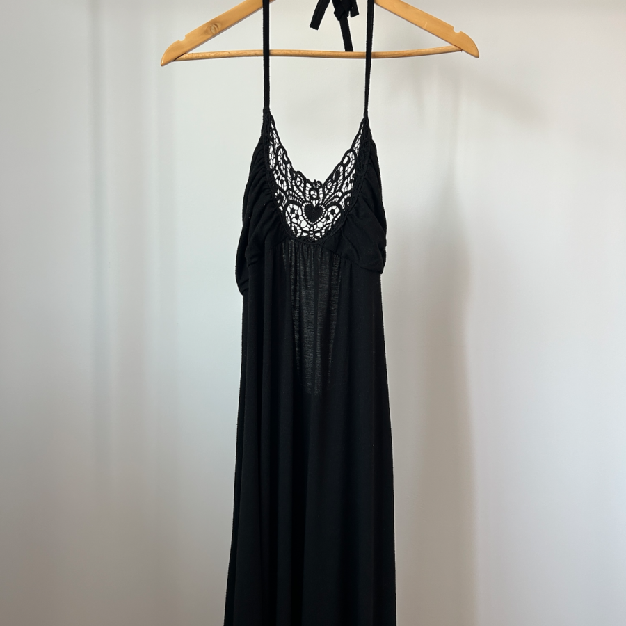 Jersey Knit Embroidered Black Lace Maxi Dress | Large/XL