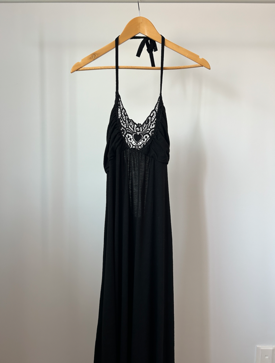 Jersey Knit Embroidered Black Lace Maxi Dress | Large/XL