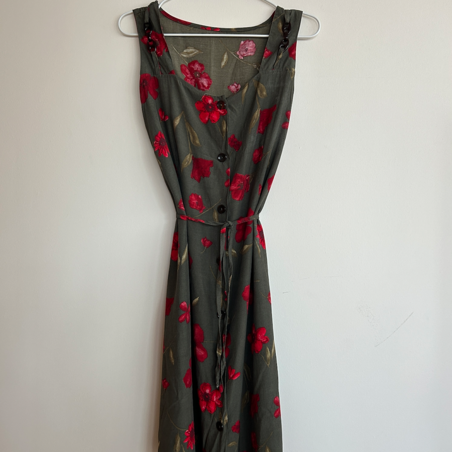 Vintage Button Floral Dress with Ties | Size Medium