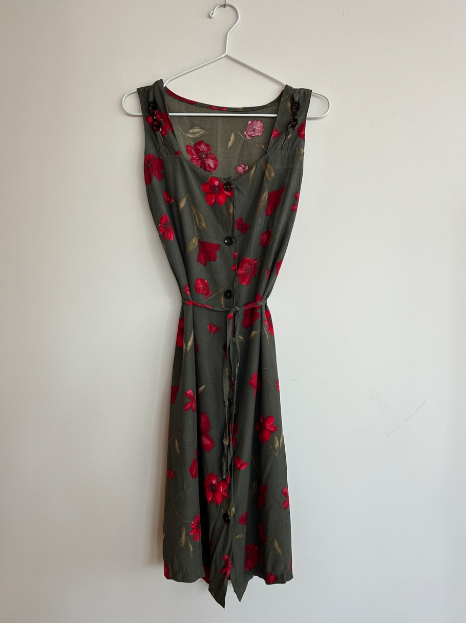 Vintage Button Floral Dress with Ties | Size Medium